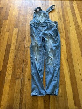 Light Wash Denim Overalls with Distressed Knees